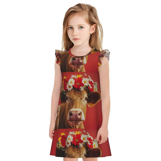 Balery White And Red Daisy Cow Camisón de princesa para niñas, pijama de algodón con mangas abullonadas, suave y bonito.-Large