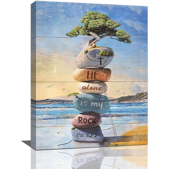 Serenity Prayer Zen Stone Decor Wall Art Rustic Rock Tree Beach Pictures Wall Decor Meditation Canvas Painting Prints Artwork Home Decorations Framed for Yoga Spa Massage Room Bathroom Bedroom 12"x16"