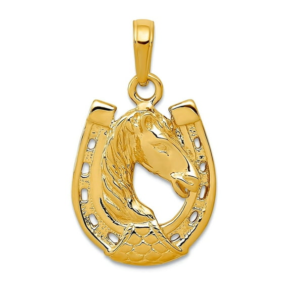 14k Yellow Gold Solid Polished Horse Head in Horseshoe Pendant Necklace 26x15mm Pendant for Women