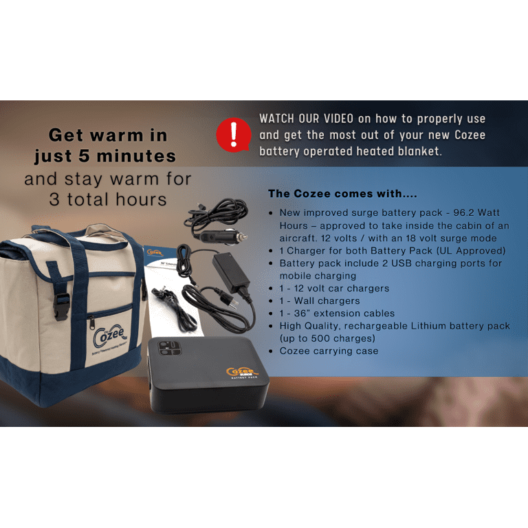 Cozee Heated Blanket Battery Operated Portable Outdoor Cordless Heating Blanket. 60 x60 Fleece Throw for Adults Kids Cold Weather Camping RV Car