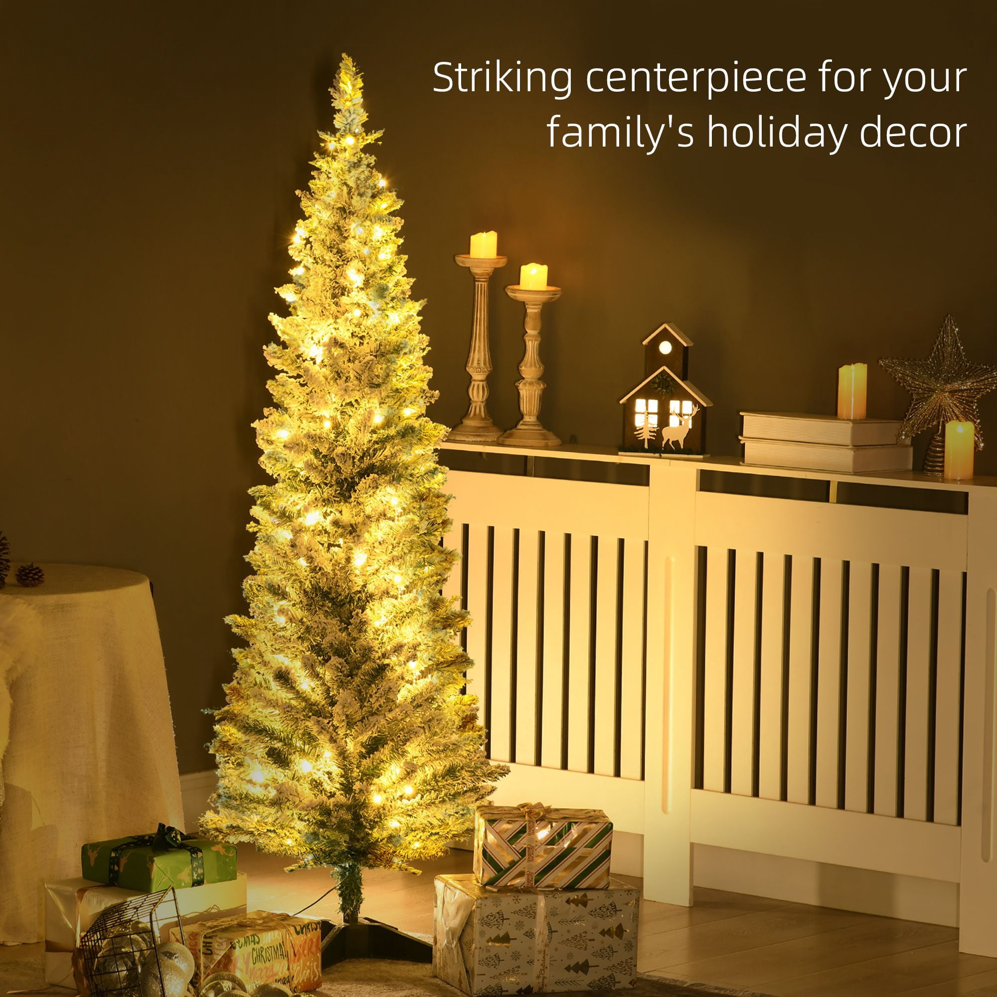 Pencil Christmas Tree, 5 ft Slim Artificial Tree with Warm White LED Lights, 294 Tips, Flame Retardant Branches, Indoor Holiday Decor