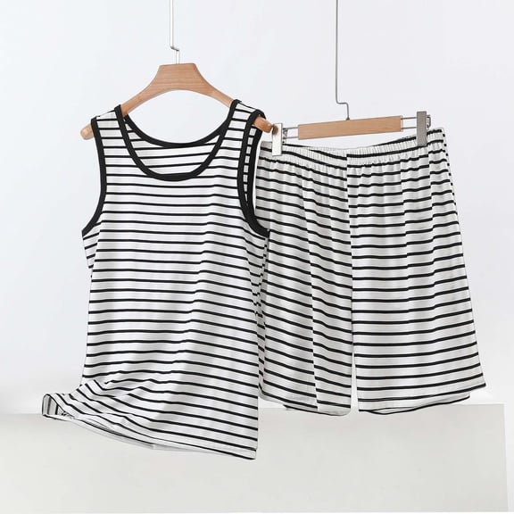 Cagogo Women Plus Size 2 Piece Shorts Set Casual Striped Tank Top Elastic Waisted Shorts Loungewear Outfits Summer Cruise Travel Clothes, Black 3XL