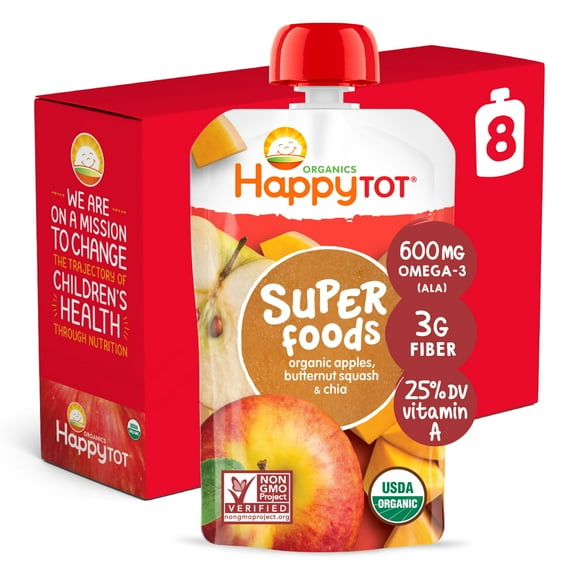 (8 Pouches) Happy Tot Super Foods Pouches Organic Apples & Butternut Squash   Super Chia, 4.22 OZ