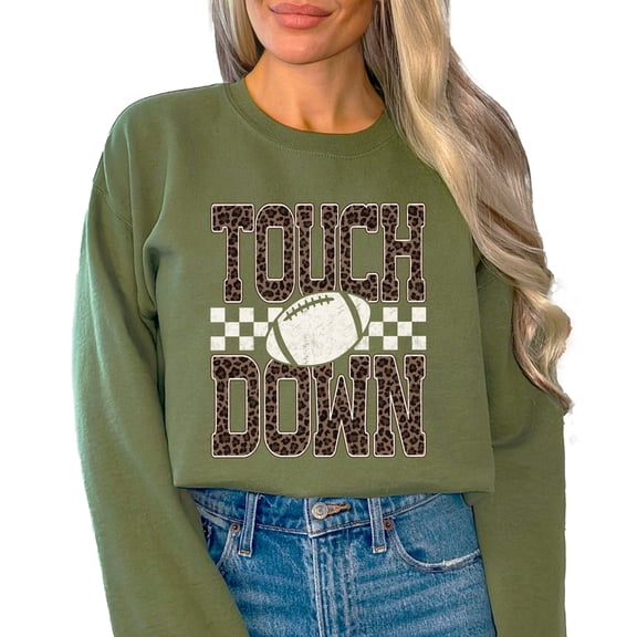 Touchdown Football Sweatshirt Women Leopard Print Game Day Crewneck Army Green Medium