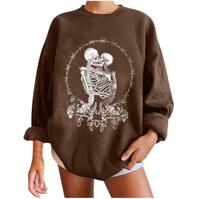 Sudadera extragrande de lana de manga larga con cuello redondo y estampado de calavera para mujer Pompotops gfhjh16675