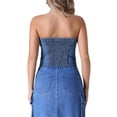 thumbnail image 3 of INSPIRAR CHIC Top de tubo recortado de mezclilla para mujer con corsé, botones frontales, dobladillo sin terminar y espalda fruncida, M Azul, 3 of 5