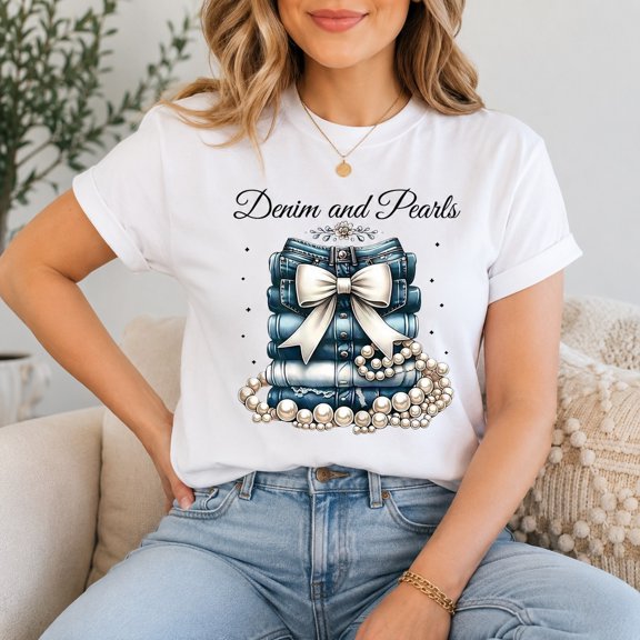 Denim and Pearls Graphic T-Shirt, Short Sleeve Crew Neck Casual Tee
