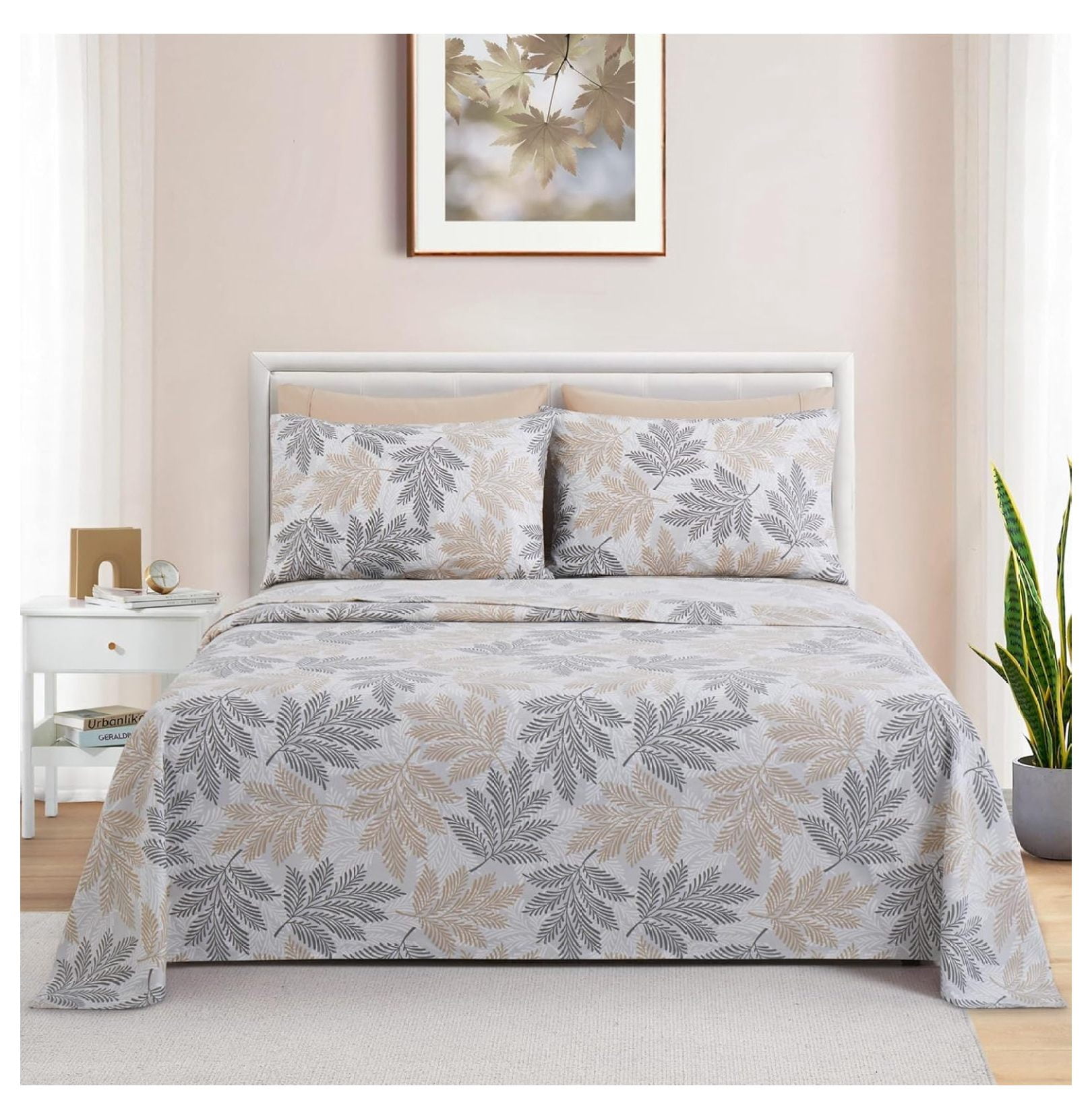 Ultra Soft Silky Deep Pocket Rich Printed Bedding Rayon from Bamboo All Season 4 Pieces Sheet Set with 2 Pillowcases, Taupe Grey Leaves Pattern Twin/Single Size