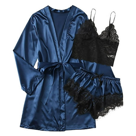 

Inkach Women Plus Size Lingerie Silk Robe Satin Bathrobe Sleepwear Pajamas Suit