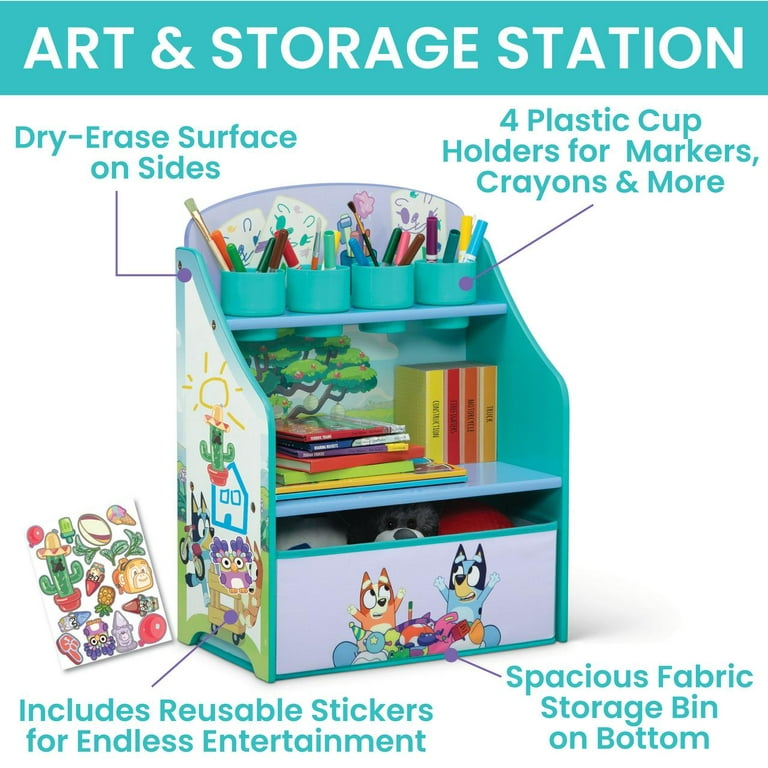 Bluey 3-Piece Art & Play Toddler Room-in-a-Box by Delta Children Includes Draw & Play Desk, Art & Storage Station & Fabric Toy Box, Blue