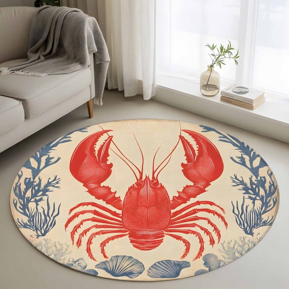 Round Rugs 3Ft, Lobster Coastal Round Area Rug Washable Indoor Throw Carpet, Summer Beach Coral Shell Nautical Vintage Small Non Slip Circle Rug for Bedroom Living Room Home Decor Aesthetic