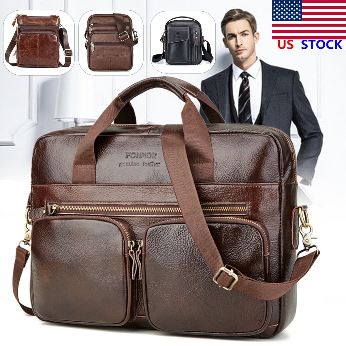 KUDOSALE - US Mens Cowhide Leather Briefcase Business Laptop Messenger Shoulder Bag - Walmart ...