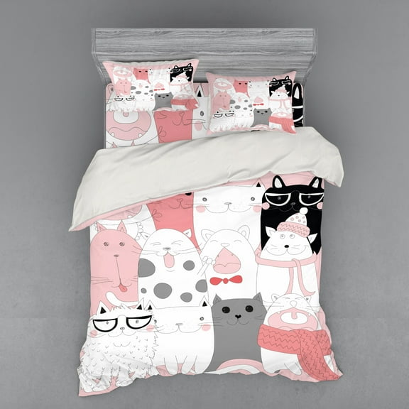 Ambesonne Cat Bedding Set 4 Pcs, Funny Kittens Humor Doodle, Queen, Pale Pink White Black