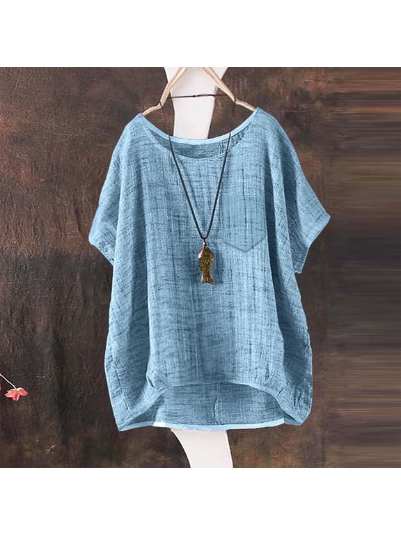 Women's 2026 Summer Linen Blouse Short Sleeve V Neck Loose Fit Casual Tunic Top Lightweight Breathable Business Casual Shirts Spring Work Clothes, Sky Blue, 4XL