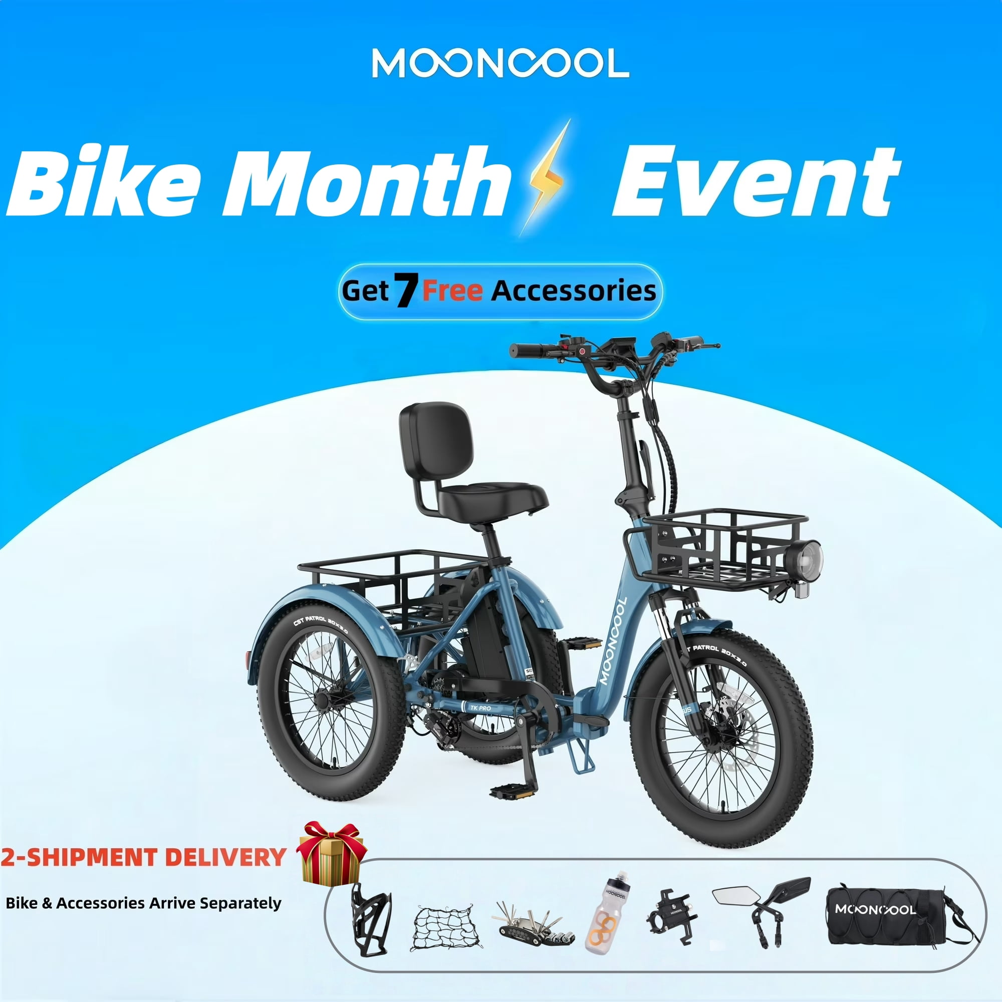 MOONCOOL TK Pro Foldable Electric Tricycle W/ Rearview mirror accessory Kit, 1500W Motor 48V 20Ah Battery, 20" Fat Tire Three Wheel 6-Speed Electric Mountain Bicycle for Adults