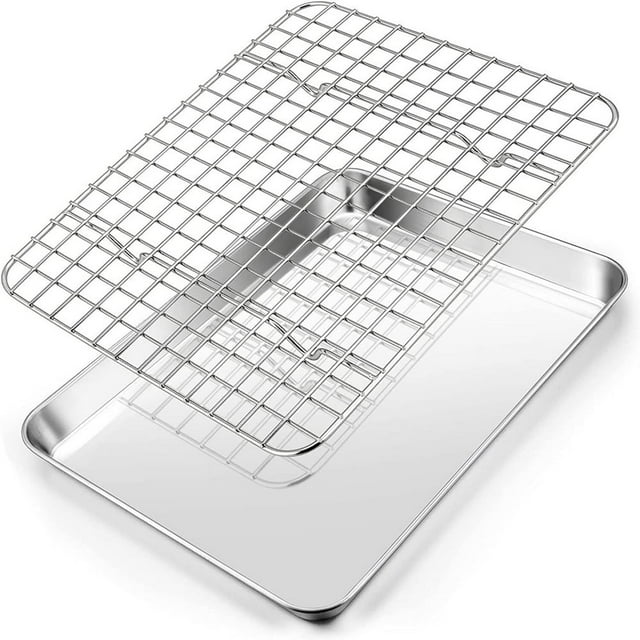 JUNWELL 10.4 Inch Toaster Oven Pan with Rack Set Stainless Steel Small Baking Pan Tray and Grid Cooling Rack for Cooking / Roasting Dishwasher Safe & Easy to Clean Non-toxic & Durable