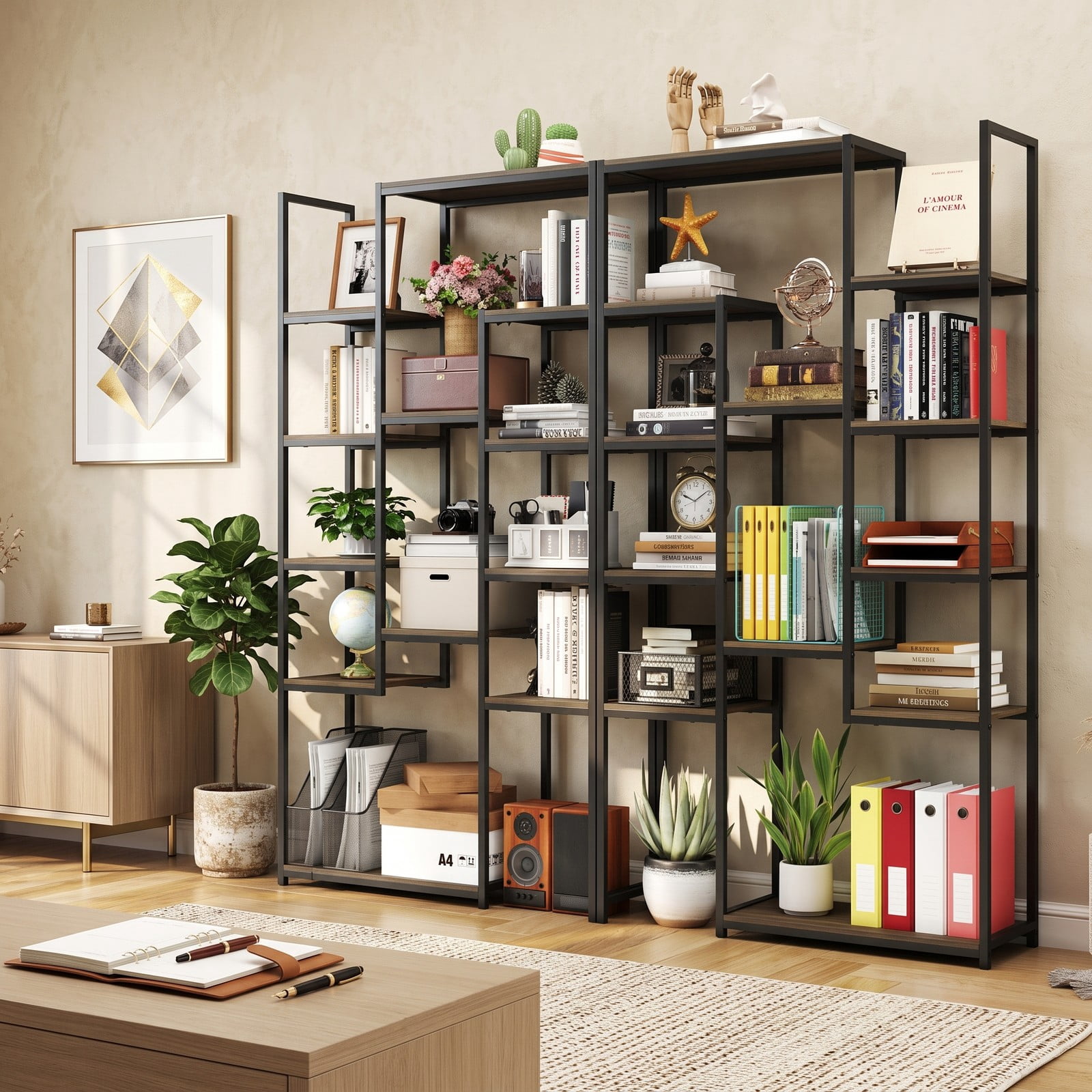 Furnibear 71 Inch Tall Vintage Geometric Bookshelf, 12 Open Shelves Freestanding Bookcase, Industrial Wood and Metal Display Storage Rack with Anti-Tipping Kit, Walnut
