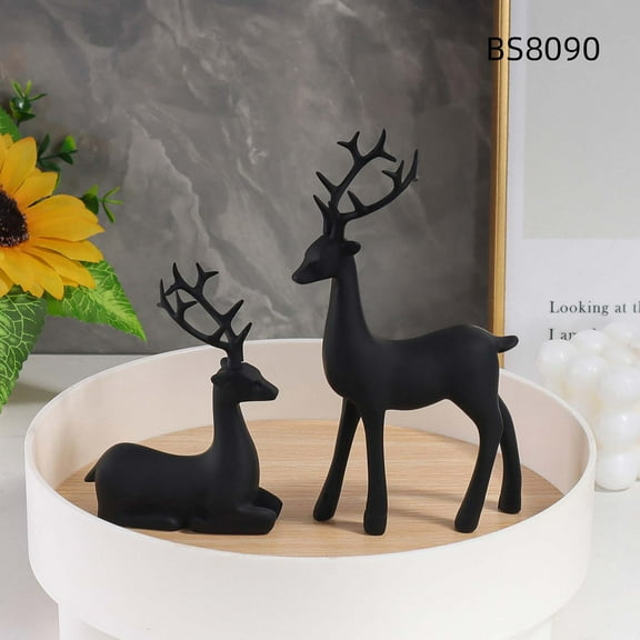 2pcs Black Reindeer Sculpture Decorations,Resin Deer Statue,Black Reindeer Figurines,Resin Reindeer Tabletop Decor,Sculpture Deer Ornaments for Living Statues Tv Cabinet Home Office Wine Cabinet