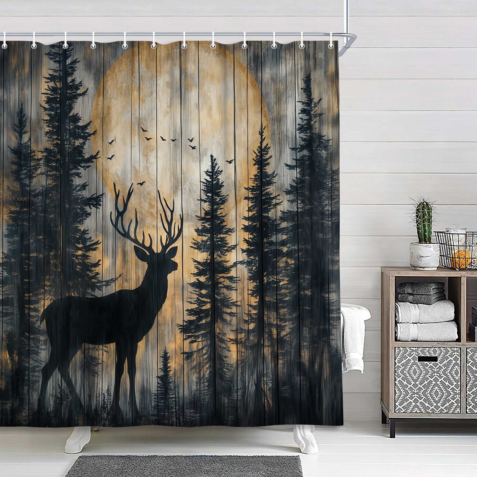 Rustic Forest Deer Shower Curtain, Cabin Farmhouse Country Lodge Bathroom Decor Accessories, Polyester Fabric Wooden Board Grey Gray Bath Curtain Set with Hooks, 72x72IN