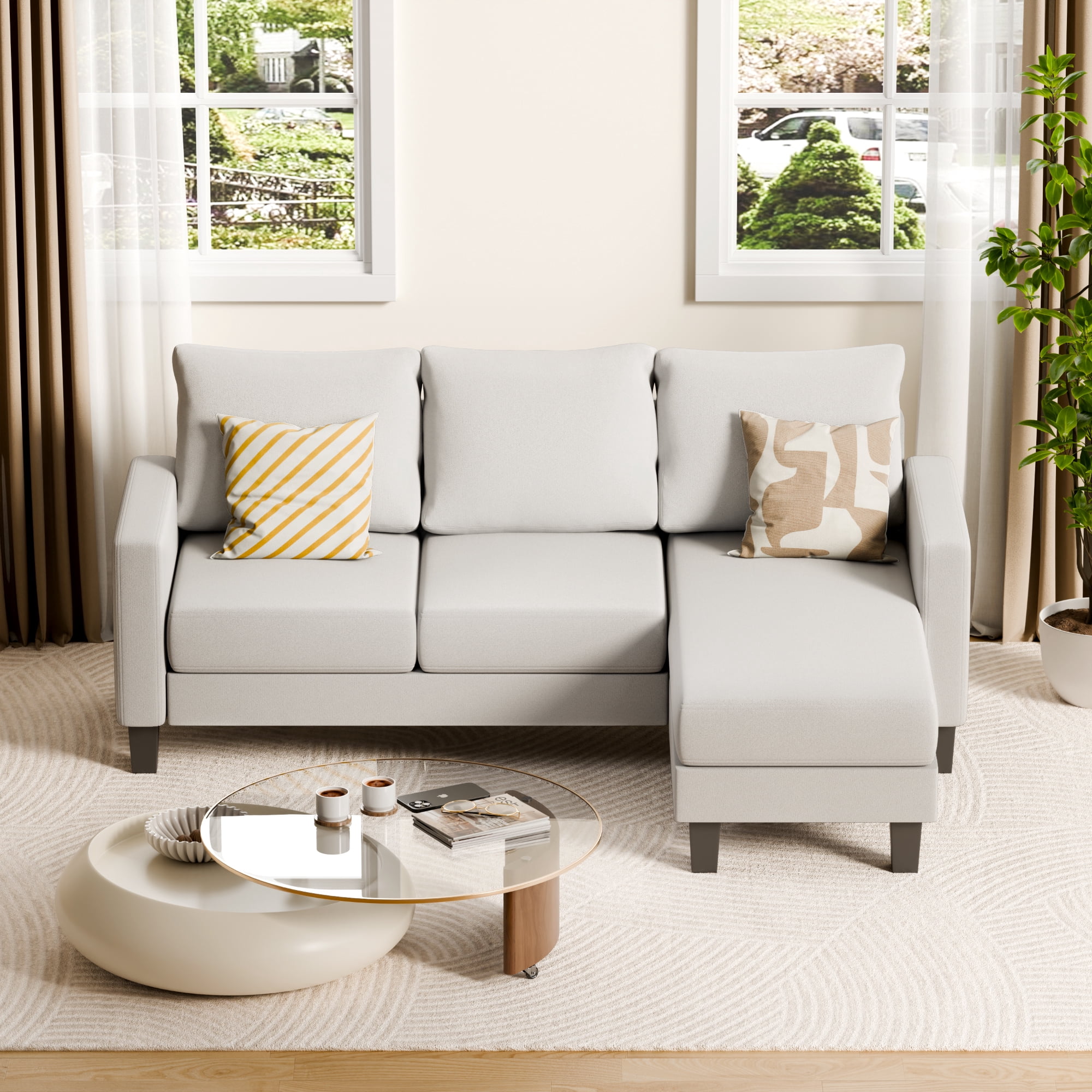 Vineego 72" L-Shaped Sectional Sofa with Ottoman Ergonomic Support Sofa Couch for Small Spaces Living Room, Apartment,White