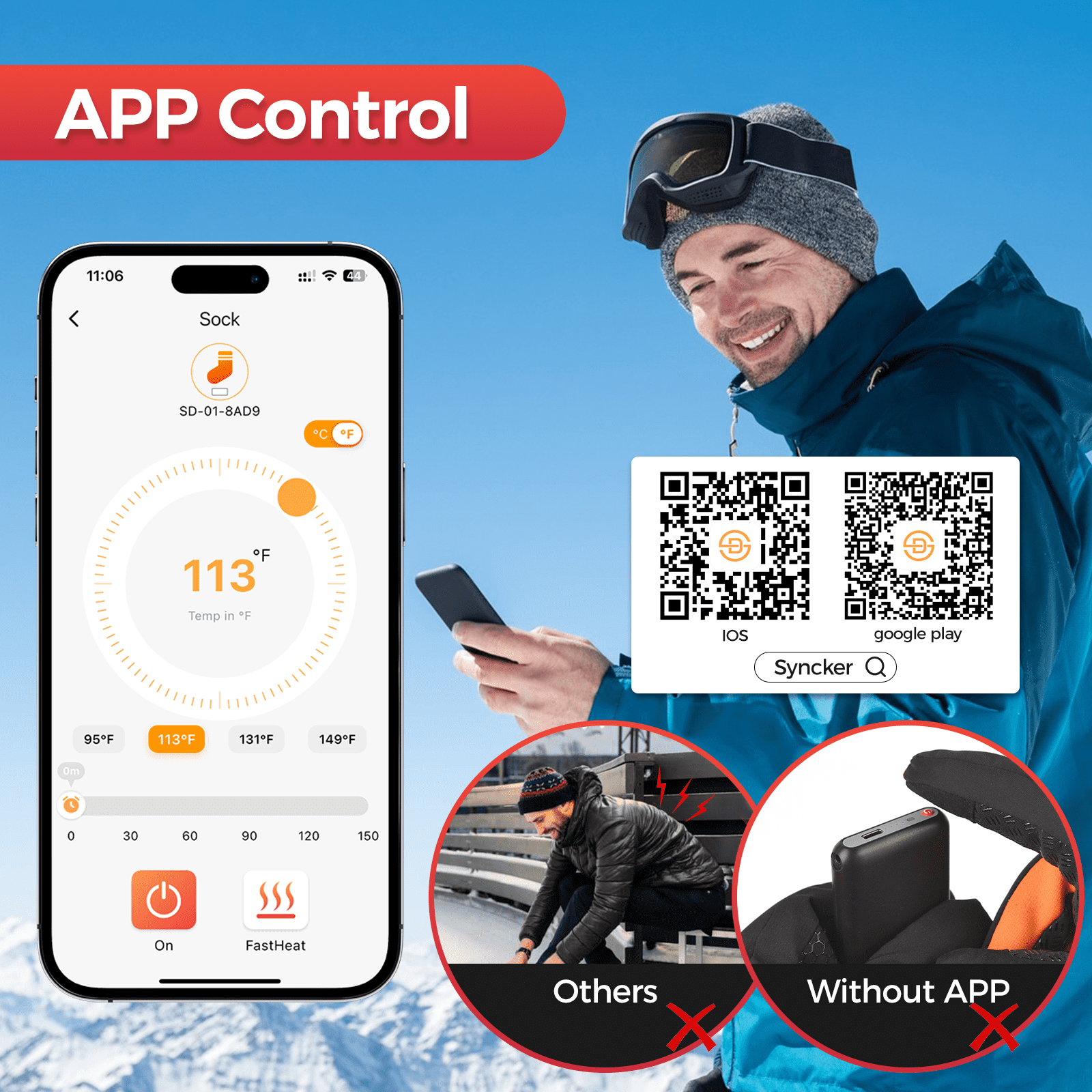Netraty Heated Socks for Men Women with App Control, Two 8000mAh Rechargeable Battery Electric Socks Washable Thermal Socks Winter Foot Warmer for Camping, Skiing, Fishing, Hunting