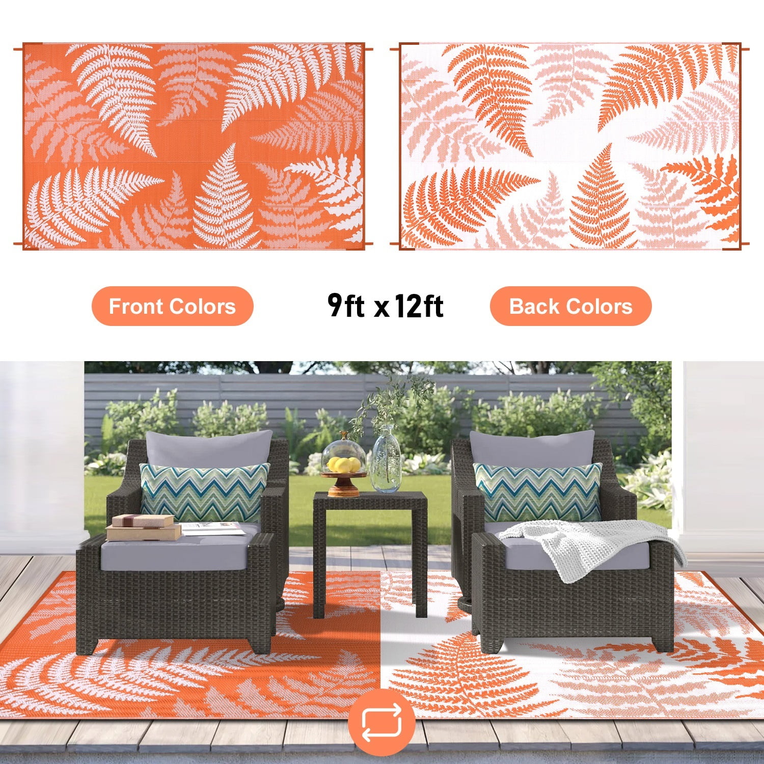 9'x12' Outdoor Rugs for Patios, Yamaziot Patio Rug RV Mats, Waterproof Reversible Plastic Straw Camping Rug for Deck Porch Balcony Beach Tropical, Palm Leaf Orange