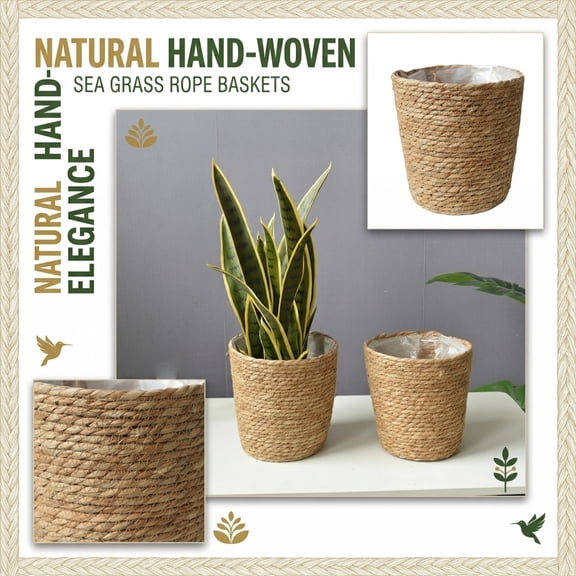 QLUEWX Natural HandWoven Seagrass Plant Basket, Waterproof Lined Wicker Planter Pot, Boho Decor Storage Basket for Indoor Outdoor Home Garden Planting
