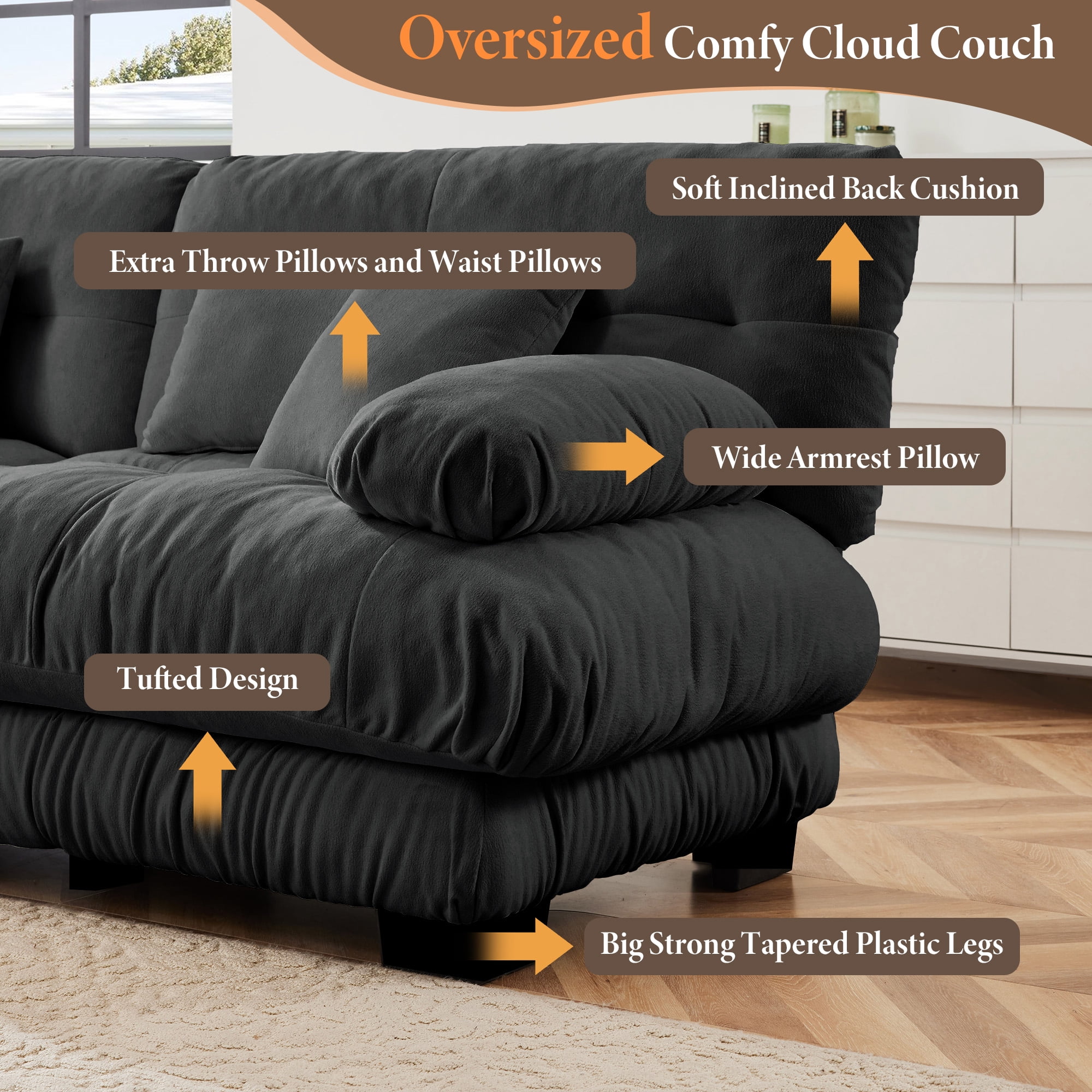 FFH 173.2" Modular Sectional Sofa, U Shaped Couch for Living Room, 4-Seater Comfy Cloud Couch with Deep Seat (Chenille Dark Gray, 4 Seater with 2 Ottomans)