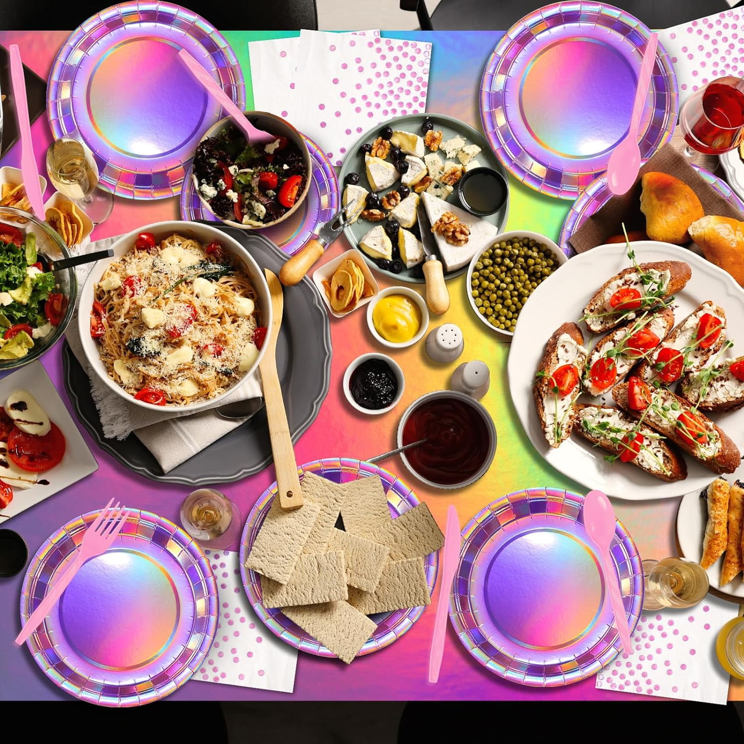 Iridescent Pink Party Supplies Decorations Serve 25,  Disposable Holographic Paper Plates and Napkins Set for Mermaid Disco Birthday Graduation Party