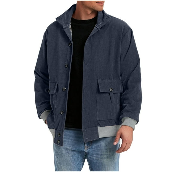 GuangCheng George Mens Corduroy Bomber Jackets,Button Up,Casual,Outerwear Coats,with Ribbed Cuffs Functional Pockets,Navy,2XL
