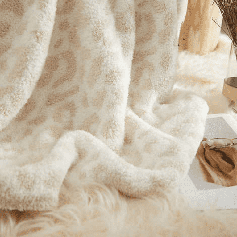 Artisan Cozy Knit Throw, Ultra Soft Machine Washable, 60”x70”, Cream Ivory  Leopard