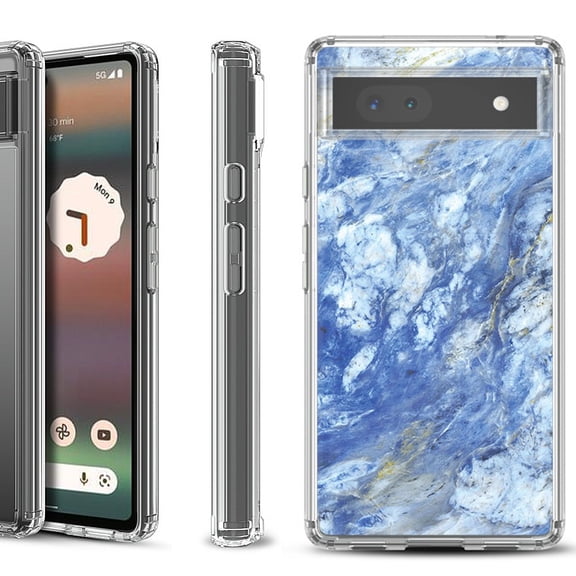 Shockproof Bumper Phone Case for Google Pixel 6a, by OneToughShield ® - Marble / Gem Blue