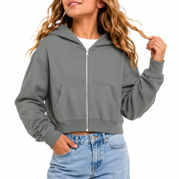 Abcomgle Girls Zip Up Hoodie 7-8 Cropped Long Sleeve Jacket for Kids Cute Fashion Lightweight Girls Zip Up Sweater with Pockets