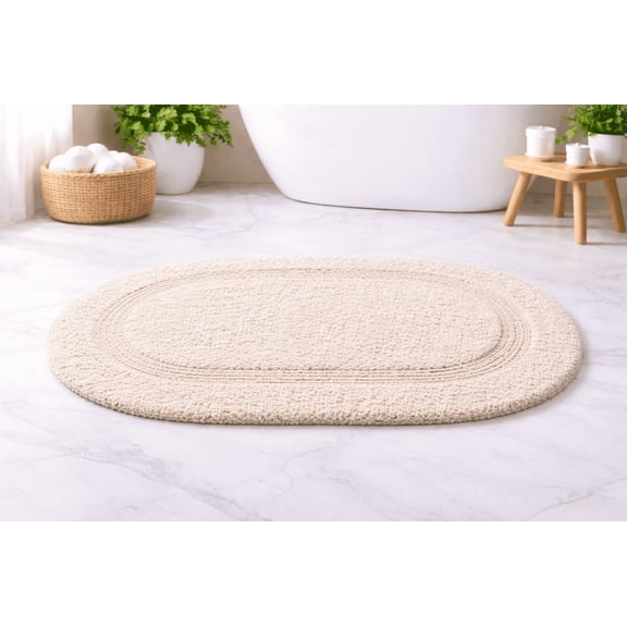 100% Cotton Bath Mat – Oval, Natural, Reversible, Long Stapple Cotton, Easy-care Machine Washable, Delicate Cycle, Cold Water, Super Soft & Absorbent (18"X28")