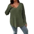 thumbnail image 3 of DYMADE Women's Plus Size Solid Spliced V-Neck Long Sleeve Loose Basic T-Shirt Blouses, 3 of 4