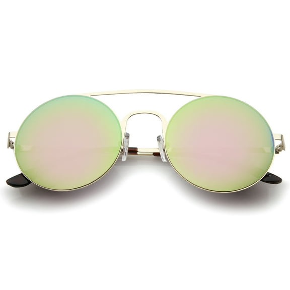sunglassLA Unisex Modern Slim Frame Double Nose Bridge Colored Mirror Flat Lens Round Sunglasses (Gold / Pink-Green Mirror) - 53mm