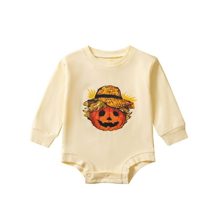 

VISgogo Baby Jumpsuits Straw Hat Pumpkin Print Round Neck Long Sleeves Romper