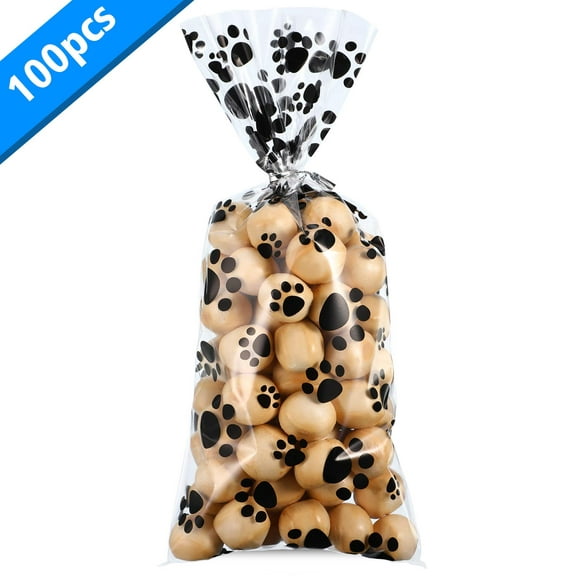 100 Pieces Paw Print Cone Cellophane Bags Heat Sealable Candy Bags Dog Gift Cat Treat Bags Ties for Pet Treat Party Favor (Black)