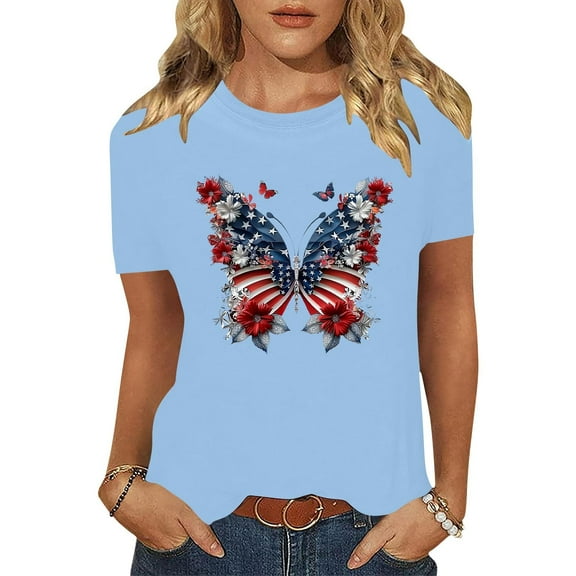Shirts for Women Plus Size Short Sleeve Round Neck Independence Day Casual Printed T-Shirt Blue L