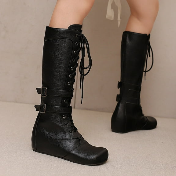 Bnwani Women Boots Fall Winter Fashion Zipper Low-Heel Mid-Calf Versatile Comfortable Casual Western Boot Black Size 5.5