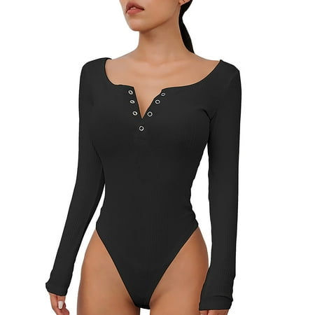 Riforla Women Casual Solid Long Sleeve Bodysuit Shirt V Neck Knit Button Sexy Jumpsuit Jumpsuits for Women Black M