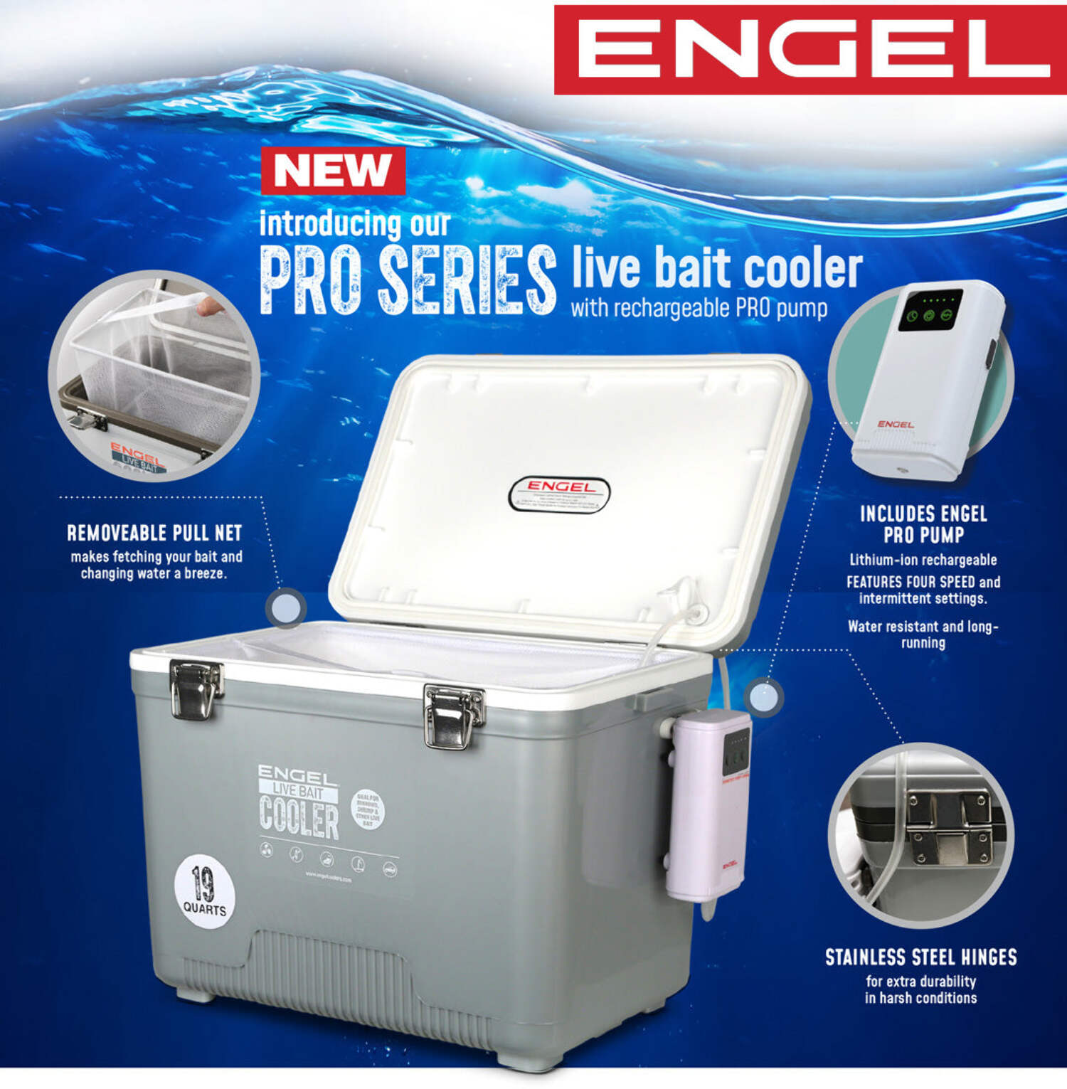 ENGEL 7.5 Qt Live Bait Pro Cooler with Rechargeable Aerator - Silver 7.5 Qt