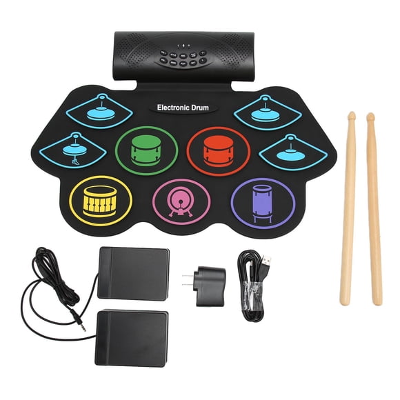 Juego de 9 almohadillas de batería electrónica de color, juego de almohadillas de práctica de batería portátil de voz externa, soporte BT, enchufe de 100-240V EE. UU.