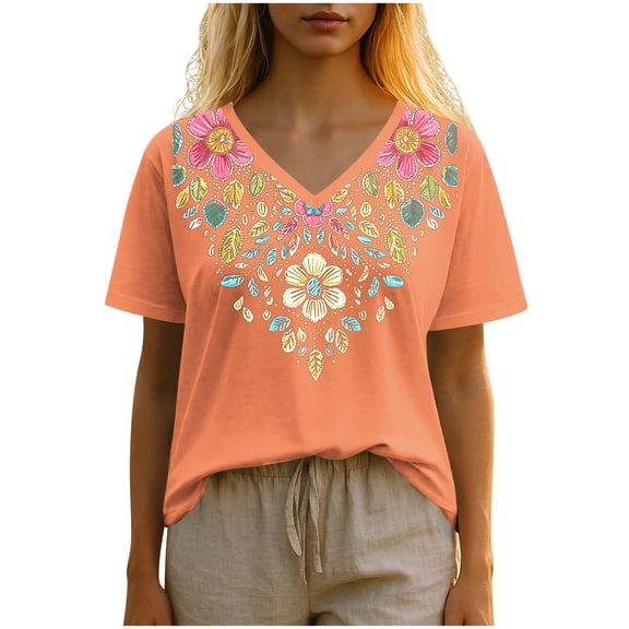 AVTOIFY Summer Womens Blouses Dressy Casual, Women's Fashion Casual Comfortable Printed Short Sleeved V-Neck T-Shirt Blouse Orange S