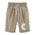 thumbnail image 2 of Womens Bermuda Shorts Cotton Linen Sunflower Print Elastic Waistband Pockets Knee Length Bermuda Long Shorts for Women, 2 of 5