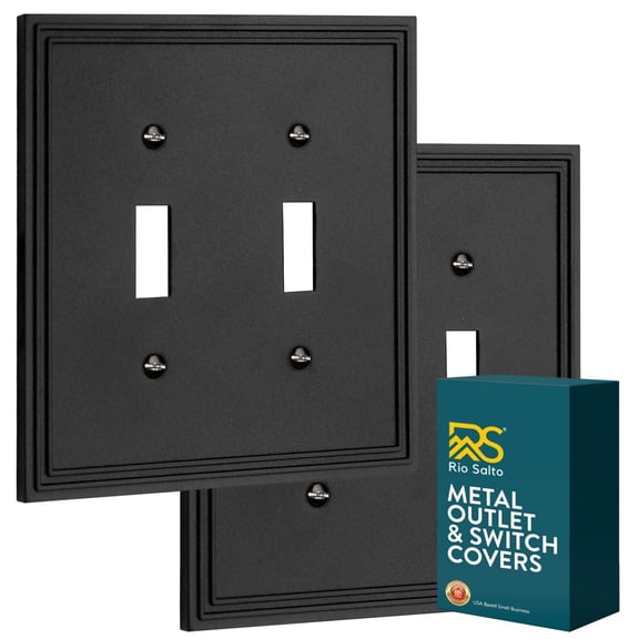 Rio Salto Imperial Collection Matte Black Metal Switch Plate and Outlet Cover  Double 2 Gang Toggle Flip Switch Wall Plate Oversized Decorative Home Dcor Accent Modern Design 2 Pack