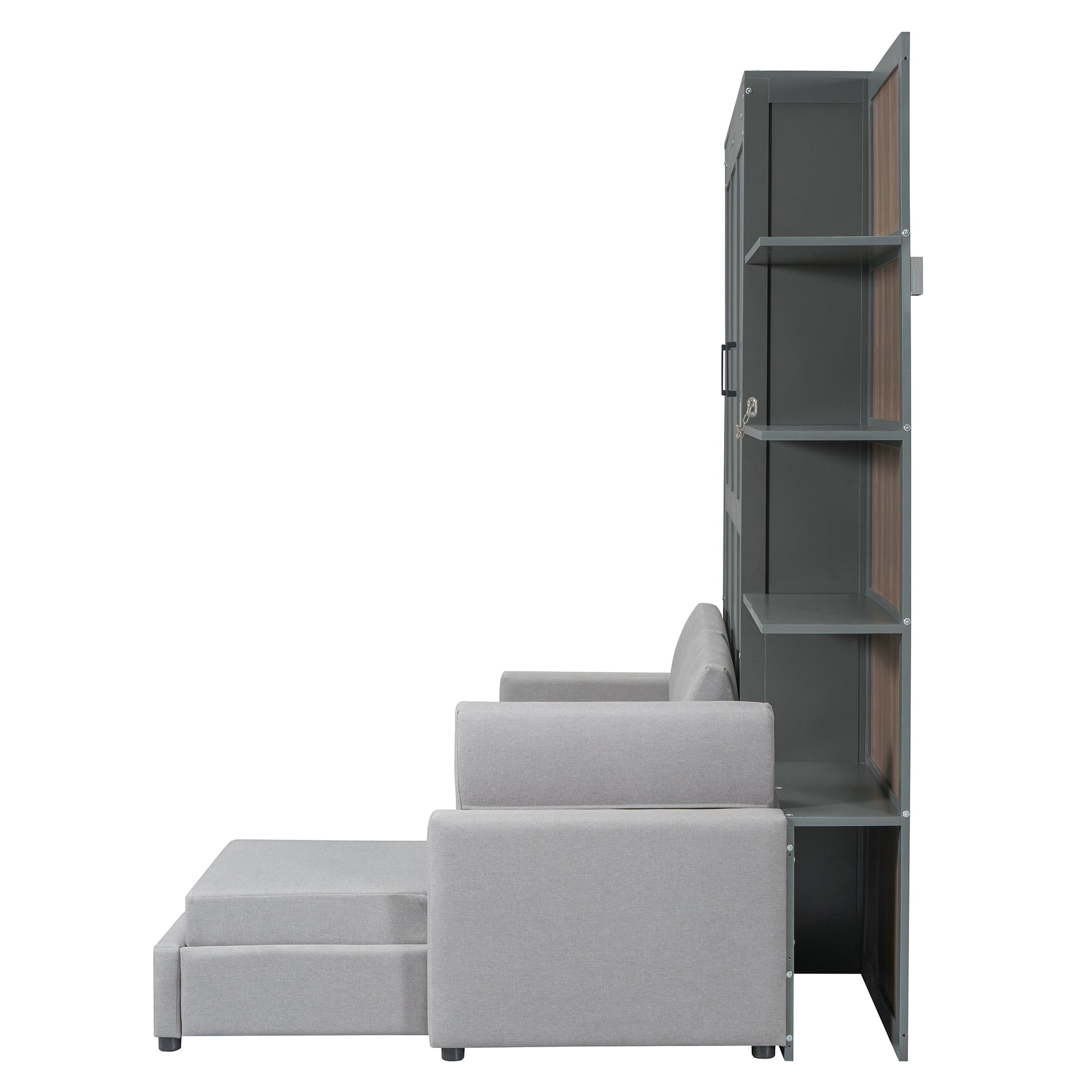 Queen Size Murphy Bed with L Shape Sofa and Open Shelves,Space-Saving for Small Space, Guest Room