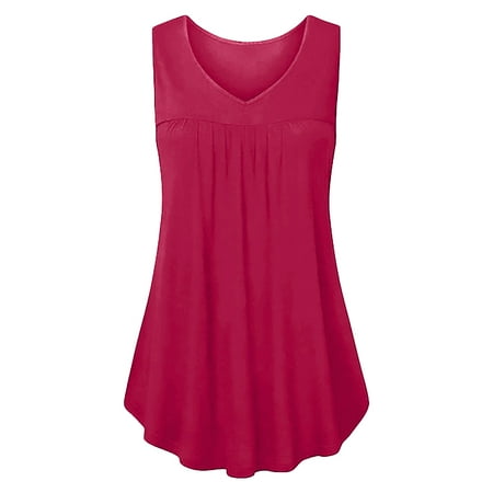 Gewsdrf Tank Top for Women Camisole Tops Summer Women s Sleeveless V Neck Camisole Loose Flowy Cute Pleated Vest Sleeveless Tops Summer Tops Corset Top Hot Pink S