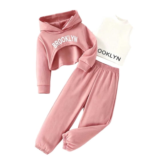 KEXE Girls Outfits Size 10-12 Kids 3 Piece Layering Suit Graphic Short Hoodie Plain Inner Cami Loose Joggers(4-5 Years,Pink)