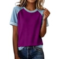 thumbnail image 2 of Helii Women's Color Block T Shirt – Raglan Sleeve T-Shirt, Crewneck Baseball Tee with Contrast Denim Sleeve, Loose Fit Soft Cotton Blend Casual T Shirts for Summer Purple,XXL, 2 of 6